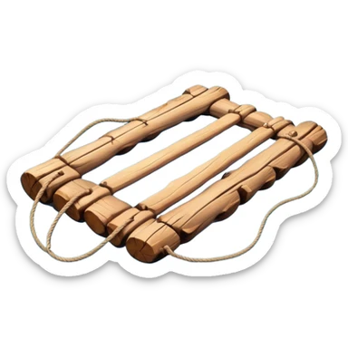showing a simple wooden raft floating on calm blue water — made of several brown logs tied together with rope — gentle ripples around it — bright, cheerful lighting and soft shadows — minimalist, clean emoji design sticker