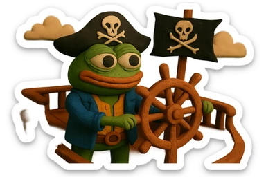 Add the exact skull and crossbones symbol to the pirate flag and the pirate hat in the claymation style image of Pirate Pepe the Frog at the helm of a pirate ship with waves and sky in the background. sticker