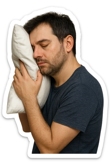 uomo di profilo assonnato che si tiene un cuscino contro la testa, occhi chiusi, iperrealistico 4k, isolato su sfondo bianco sticker