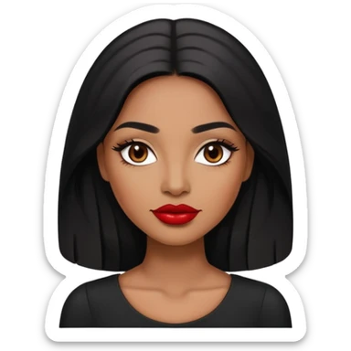 Woman with rich brown skin tone, oval face, elegant features, dark brown eyes, arched eyebrows, red lipstick, long black hair, wearing a black top sticker