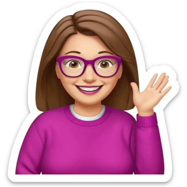 50 yr Caucasian woman, long brown hair parted on side, brown eyes, glasses, big smile, white teeth, fuscia sweater, chubby sticker