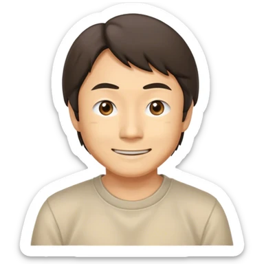 ​Cinematic Realistic Portrait of a Smiling Shigeru Miyamoto, depicted with warm, approachable features, showing a giant smile with expressive eyes, set against a subtle backdrop, inviting lighting that captures his innovative spirit sticker