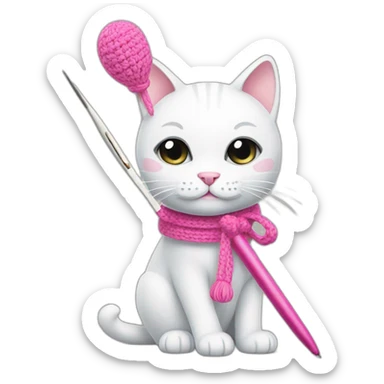 White cat with pink crochet hook sticker