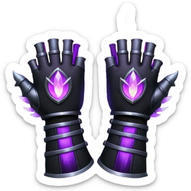 A Discord emoji of a pair of black armored gauntlets holding a flickering violet flame. The hands are positioned as if offering a gift. Dark gothic fantasy, glowing magical effects, high contrast, 2D vector style, white background. sticker