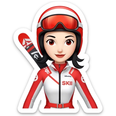 Ski racer woman downhill squad red white dress with the name Stephanie on the dress and the name HEAD on the skis black hair smile sticker
