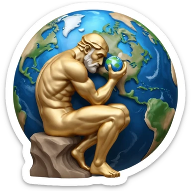 rodins sculpture the thinker but with a planet earth in its hand in a cartoon art style sticker