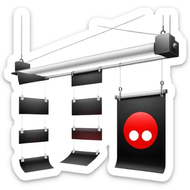 Darkroom with red safelight and hanging film negatives drying sticker