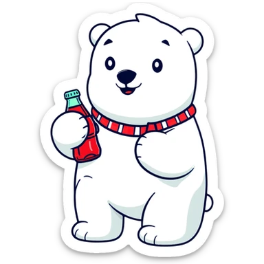 polar bear in a colorful Hawaiian shirt with Coke bottle pattern, sipping Coca-Cola sticker
