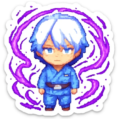 Add swirling purple energy effects around Gojo Satoru in pixel art style, preserving the transparent background. The energy should look dynamic and magical, enhancing the character's presence with vibrant purple hues and swirling motion. sticker