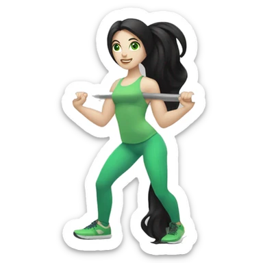 Pale girl with long black hair and green eyes lifting weights sticker