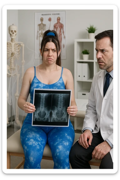 a person sits in a doctor’s office, holding medical imaging results (like X-rays or MRI scans) that appear normal. However, a subtle shadow or ghosted outline around their body reveals postural asymmetries—such as uneven shoulders or hips—that are not visible in the scans. The doctor looks puzzled, while the patient appears frustrated. sticker