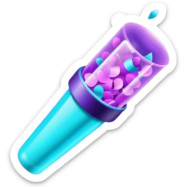 glowing confetti popper emoji, purple and cyan colors, emitting confetti and sparkles, vibrant celebration atmosphere sticker
