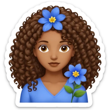 Qro uma moça morena de cabelo cacheado com uma flor azul no cabelo com o cabelo baixo sticker