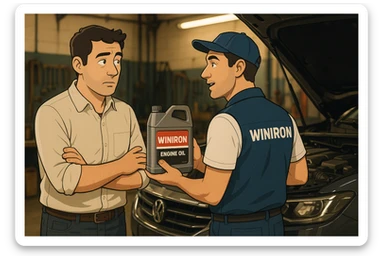 Create a realistic automotive workshop scene. Two men are standing next to a car with its hood open. One man is a customer listening attentively. The other man is a Winiron employee wearing a white T-shirt and a blue vest with a “WINIRON” logo on the back. The Winiron employee is holding and recommending a Winiron engine oil canister. Background shows a workshop interior with tools, soft warm lighting, realistic reflections on the car body. Cinematic, detailed, 8K hyper-realistic, professional commercial photography style. sticker