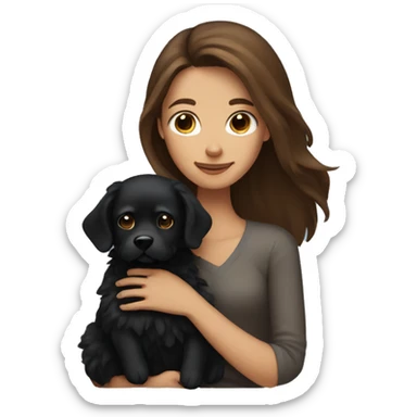Long brown haired woman holding fluffy black dog sticker
