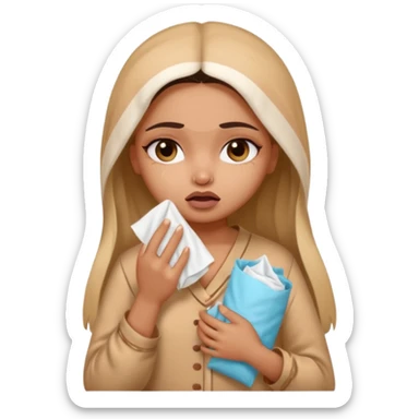 a pretty bratz fair indian girl wearing a brown pajamas, dark circles, crying, holding tissues sticker