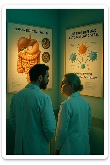 In italiano Realistic, detailed photo taken from behind of two doctors—a bearded man and a middle-aged woman—standing side by side in a modern medical office, intently studying a large, illuminated medical chart on the wall. The chart displays a detailed diagram of the human digestive system, highlighting the intestines and showing microscopic images of intestinal parasites. Next to it, another chart illustrates the immune system attacking healthy tissues, visually connecting gut parasites to autoimmune disease mechanisms. The room is bathed in a single green-blue color, with a warm, yellow-orange light casting soft shadows around the doctors. Both wear white coats and have serious, focused expressions, suggesting a deep discussion about the root causes of autoimmune conditions. Shot with a Canon EOS R5, with high detail, natural depth of field, and a clinical yet dramatic atmosphere. sticker