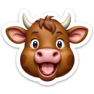 Cinematic Cute Yawning Brown Cow Portrait Emoji, Head tilted slightly with a dramatic, wide-open yawn, showcasing a smooth, rich brown hide with a subtle shine, floppy ears slightly drooping, round brown eyes barely open in drowsy contentment, Simplified yet irresistibly adorable features, highly detailed, glowing with a soft, cozy glow, high shine, relaxed yet expressive, stylized with a touch of pastoral whimsy, bright and endearing, soft glowing outline, capturing the essence of a sleepy yet affectionate cow, so drowsy it feels like it could amble right out of the screen and curl up for a nap! sticker