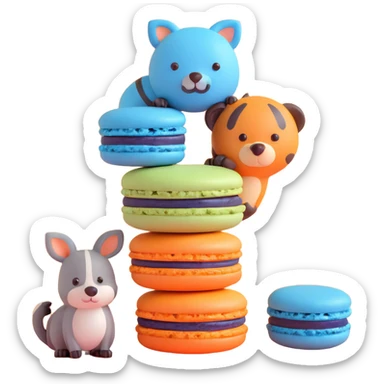 A blue macaron with a blueberry on top, two animals peeking out, light blue background with white stars, detailed texture sticker