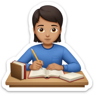 A student with dark hair is reading a book and taking notes in a notebook. There are also papers and textbooks on the table. sticker