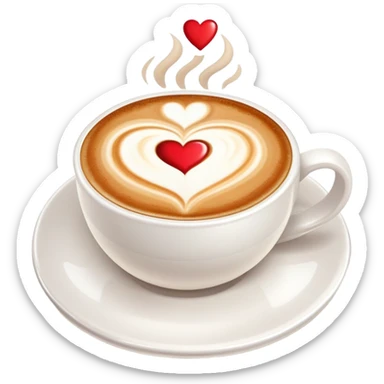 cappuccino coffee in white cup with heart latte art and foam sticker