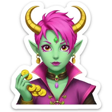 A D&D tiefling with pale green skin and hot pink hair. She is a rouge and is obsessed with gold sticker