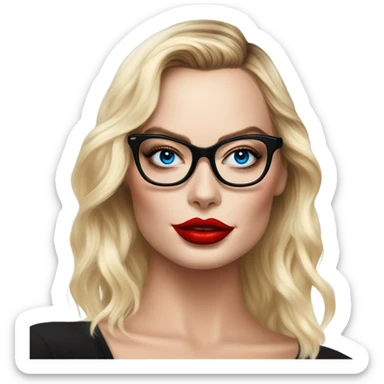  Margot Robbie, bright blue eyes and winged eye liner, red kisses, wearing black glasses  sticker