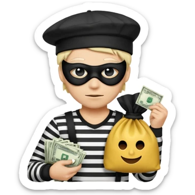 Realistic ios emoji-style portrait of a classic burglar, a black eye mask and a black-and-white striped shirt. emoji-like hair, black hat, a bag of money 💰 with a dollar sign in a right corner, evil expression  sticker