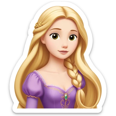 Cinematic Timeless Rapunzel Portrait Emoji, rendered in a clean, vector style. Depict Rapunzel with porcelain skin, beautifully styled long golden hair, and a serene, graceful expression, dressed in her classic gown. The design features bold, clean lines, a soft, magical glow, and a subtle glowing outline that captures her timeless, fairy-tale beauty. sticker