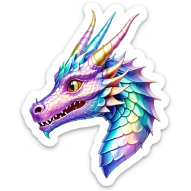 Sparkly glossy Pastel iridescent glass dragon head profile, 2 horns sticker