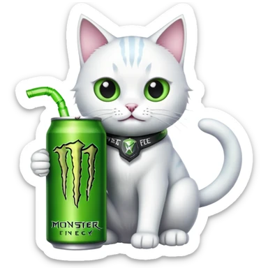 White cat with a can which is energy drink brand Monster sticker