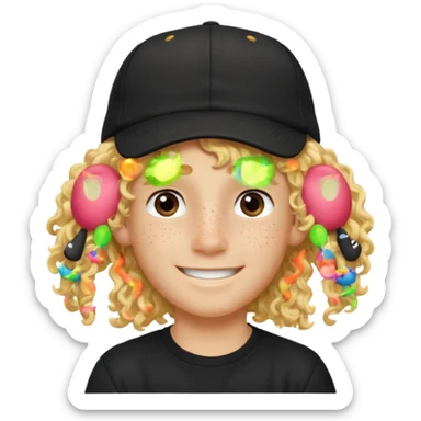 blonde boy with long curly hair past his hears and a LA hat, smiling, wearing a black shirt with freckles sticker
