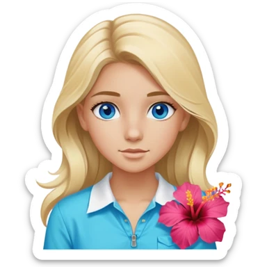 preppy coastal teen girl with blue eyes, beach blonde hair, tan skin, hibiscus flower in her ear, preppy beach outfit sticker