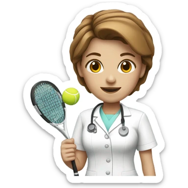White female nurse playing tennis with brown short hair  sticker
