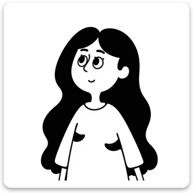 a confused white girl with long black hair and brown eyes, hand drawn doodle style sticker