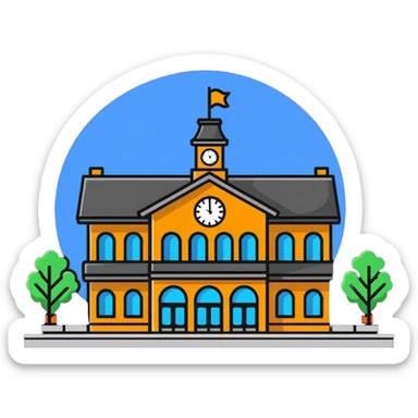 train station building with platforms and clock sticker