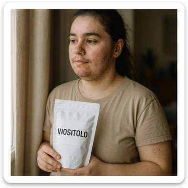 Realistic photograph of a woman with PCOS standing near a window holding a package with the label 'Inositolo' clearly visible. She has acne and facial hair, thin hair, and a relaxed expression in a domestic environment with natural light. sticker