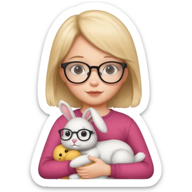 Girl kid with glasses → holding a toy rabbit sticker