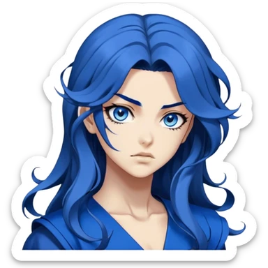 head portrait of anime girl with long dark blue hair, blue rose in hair, fierce blue eyes, extremely intense JoJo's Bizarre Adventure style expression, dramatic angle, bold outlines, strong shading sticker