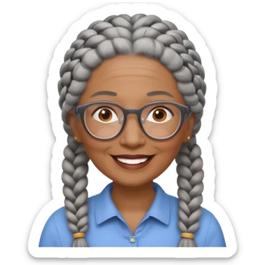 Older woman of color with gray braids, glasses and smiling sticker