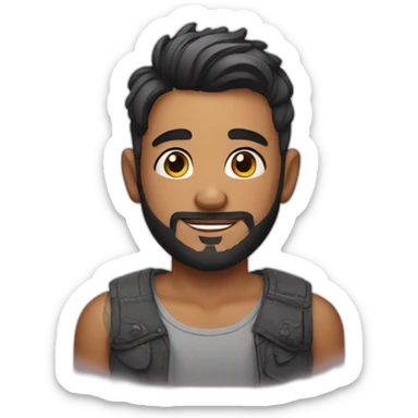 young man with tattoos, short hair, and a beard sticker