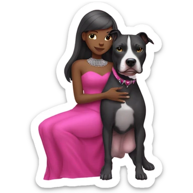 Black lady with black hair wearing hot pink dress hugging large all grey pitbull with spiked pink collar sticker
