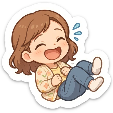 3D chibi style high-quality rendering with smooth shadows and soft gradients, girl based on reference image preserving facial features and hairstyle, wearing jeans and pastel floral cardigan, thick white outline like a sticker, rolling on the floor laughing sticker