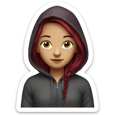 pretty girl with very long burgundy hair with a hoodie sticker