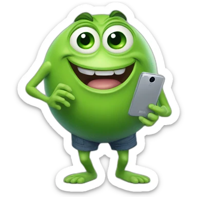 3D stickers for telegram, Mike wazowski with legs, looking into his phone and laughing, 8k, super realism, super detail sticker
