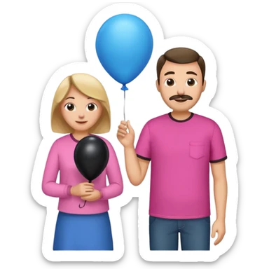 Mom in pink shirt dad in blue shirt holding black baloon happy 1 baloon sticker