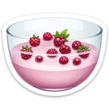 A clear glass bowl filled with milky light pink liquid with chunks of various berries floating in it sticker
