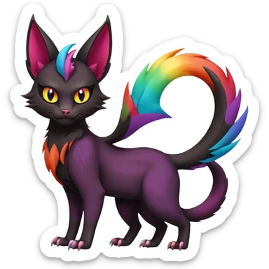 Black with rainbow-markings edgy Noivern-Noibat-Purloin-Torracat-Lykoi-Caracal-cat-Fakemon-fusion-hybrid-creature sticker