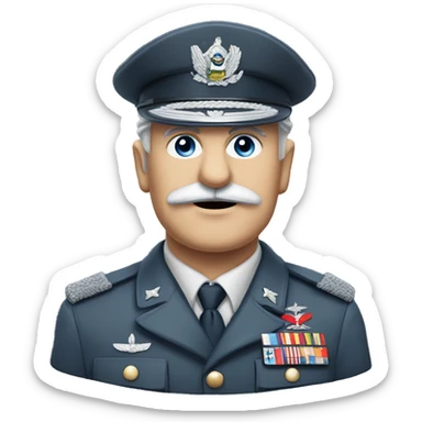 an old military general with grey military chilean uniform, grey military hat, white moustache, blue eyes sticker