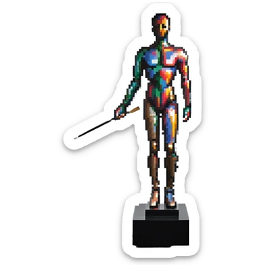 A paintbrush transforming into a metallic human silhouette sculpture, with museum-like display pedestal, symbol of artistic identity sticker